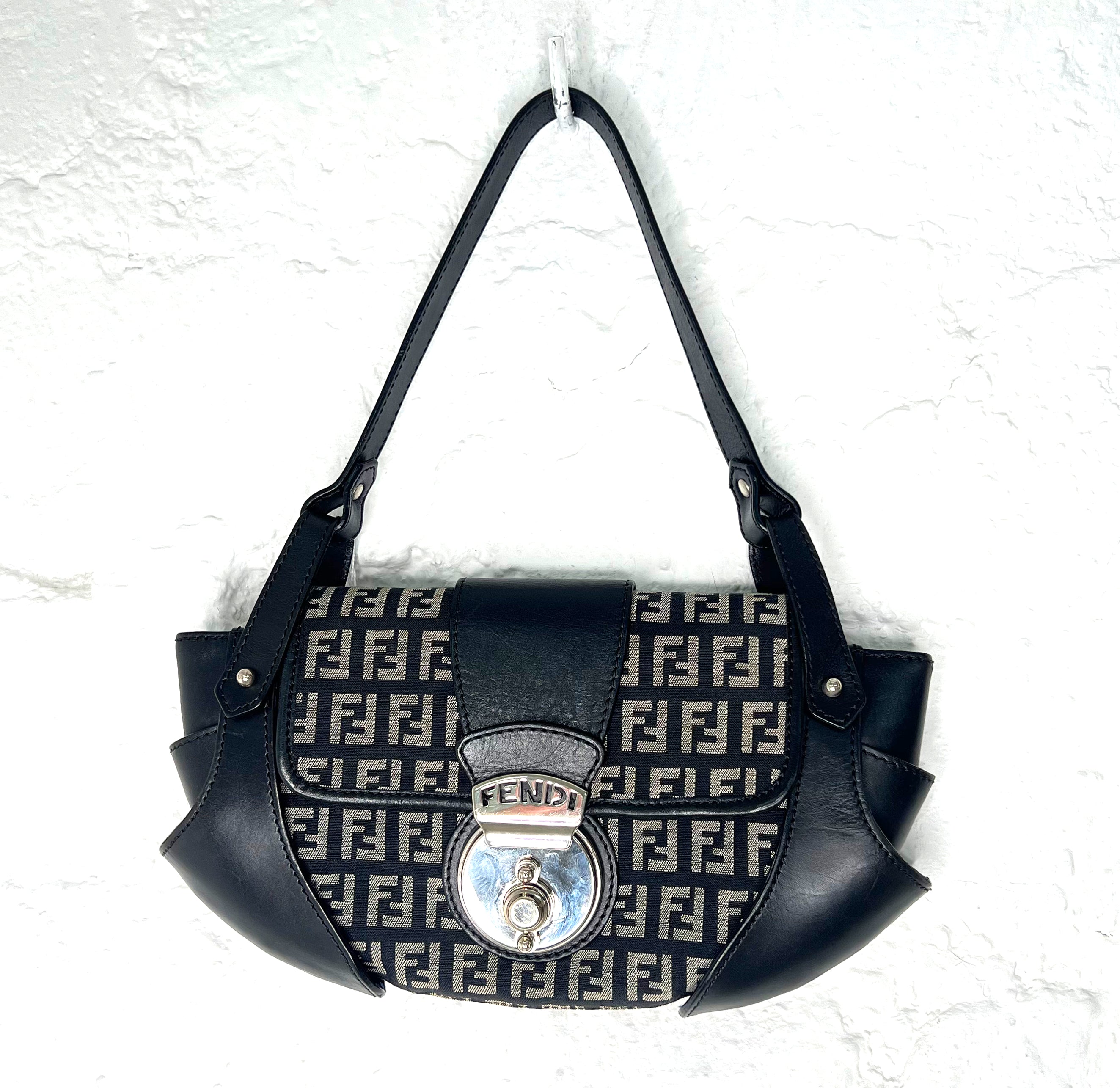 FENDI FENDI - Black Leather Zucca Tuc Bag - ALE PARIS Luxury Vintage